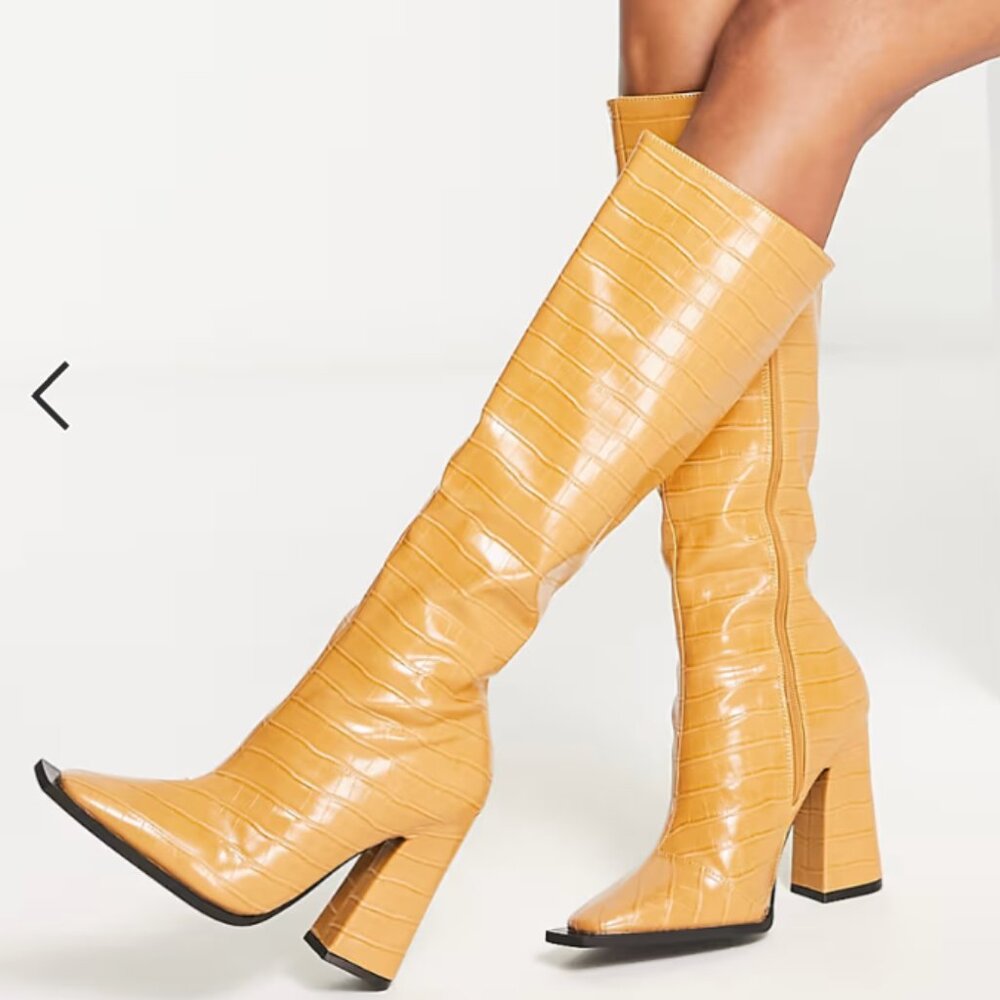 NEW ASOS Raid Sphere Knee-High Heeled Camel/Toffee Croc Boots - 9